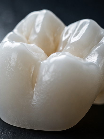 Couronne monolithique en zircone, surface polie, sur fond sombre